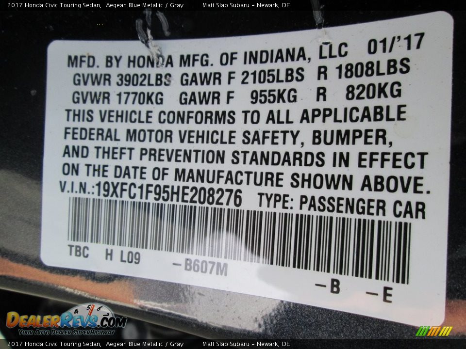 2017 Honda Civic Touring Sedan Aegean Blue Metallic / Gray Photo #30