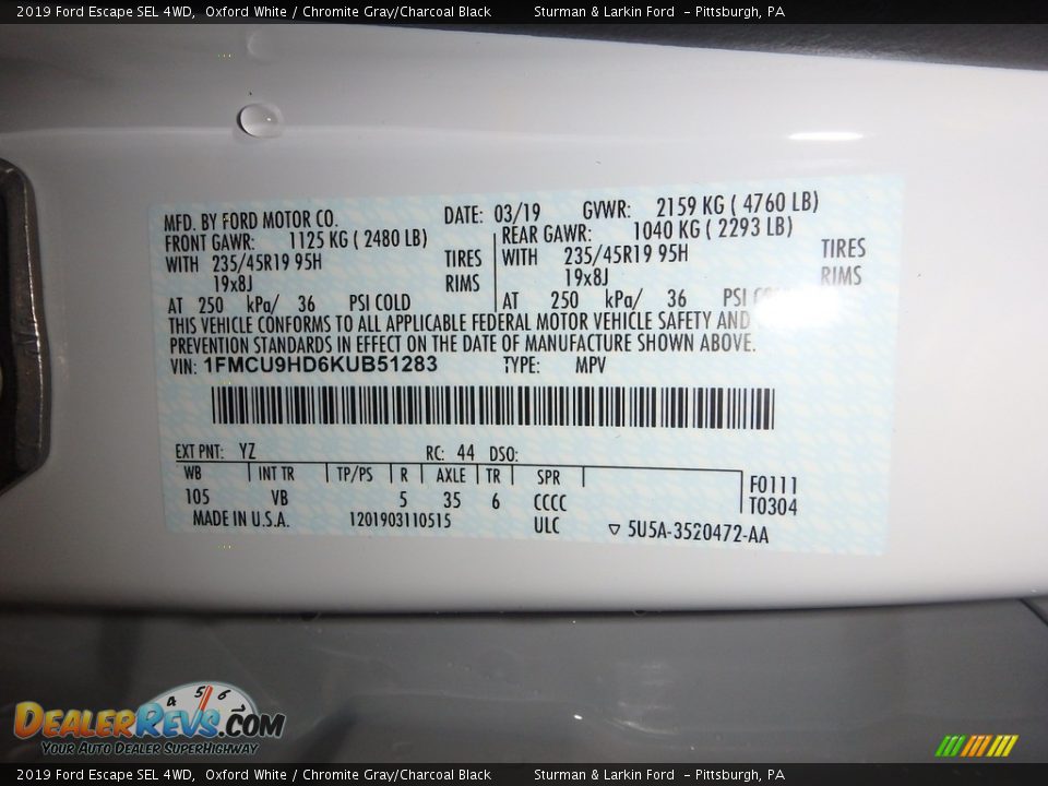 2019 Ford Escape SEL 4WD Oxford White / Chromite Gray/Charcoal Black Photo #11