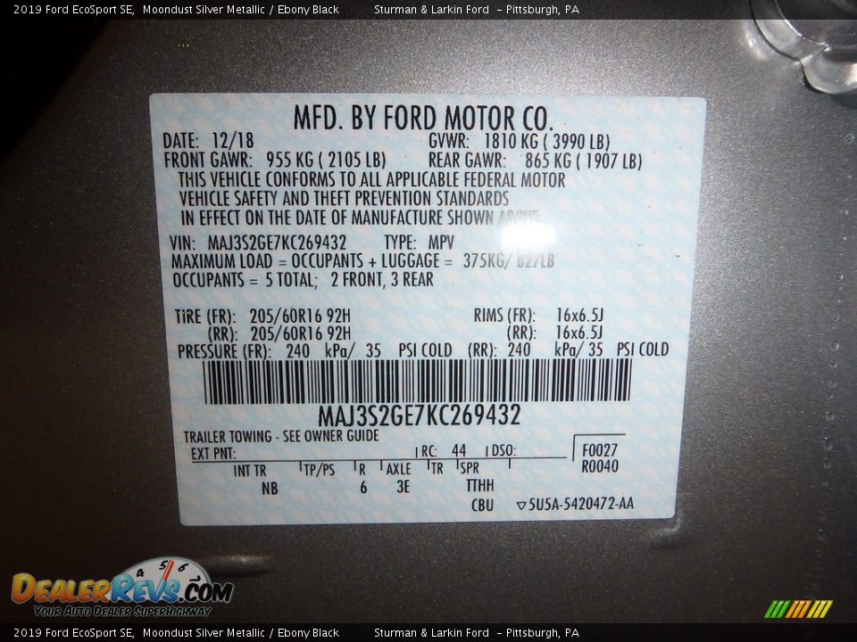 2019 Ford EcoSport SE Moondust Silver Metallic / Ebony Black Photo #11