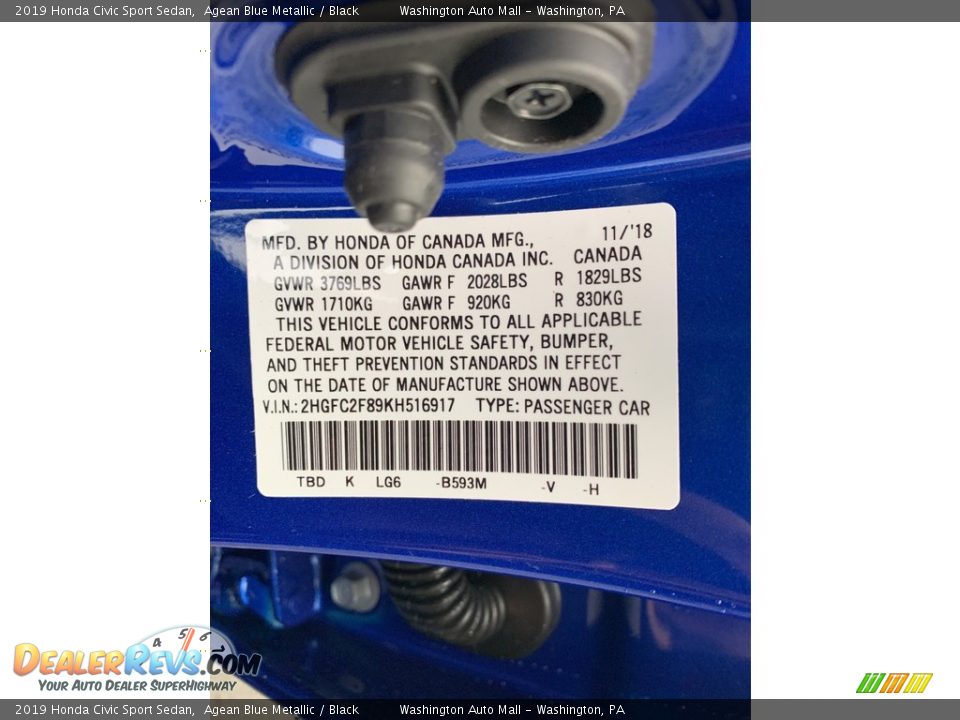 2019 Honda Civic Sport Sedan Agean Blue Metallic / Black Photo #14