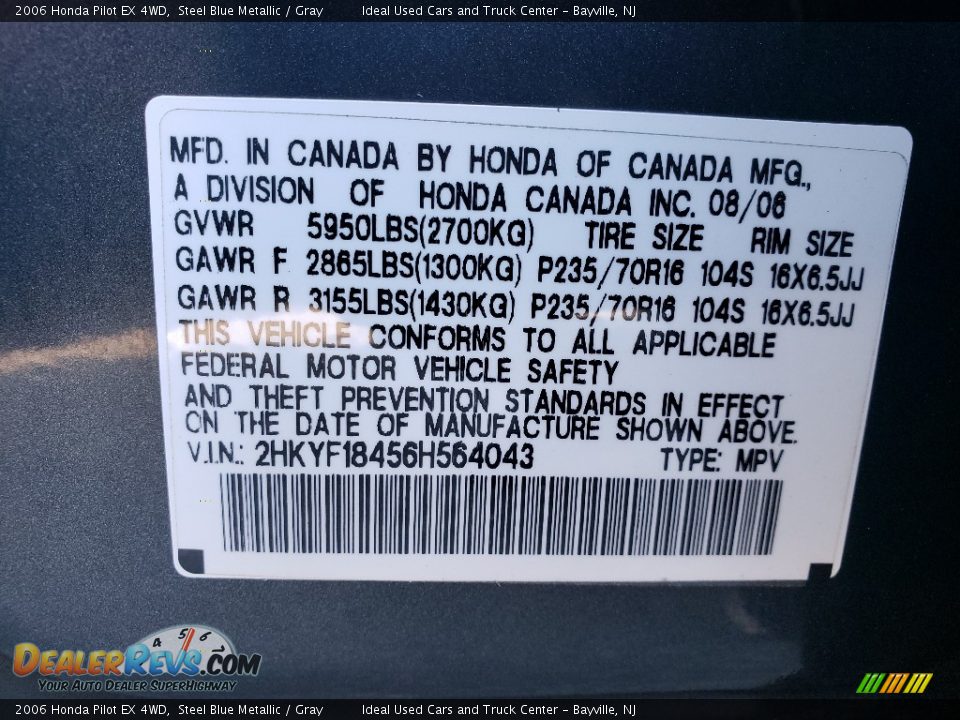 2006 Honda Pilot EX 4WD Steel Blue Metallic / Gray Photo #22
