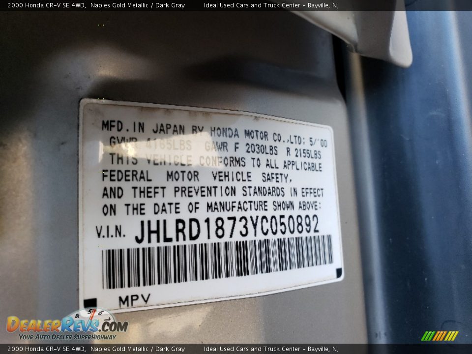 2000 Honda CR-V SE 4WD Naples Gold Metallic / Dark Gray Photo #21
