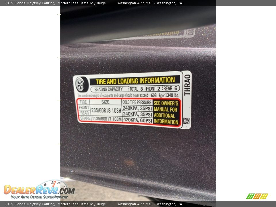 2019 Honda Odyssey Touring Modern Steel Metallic / Beige Photo #13