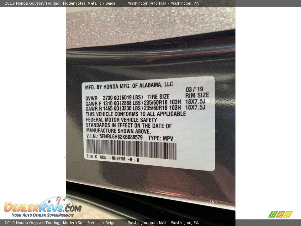 2019 Honda Odyssey Touring Modern Steel Metallic / Beige Photo #14