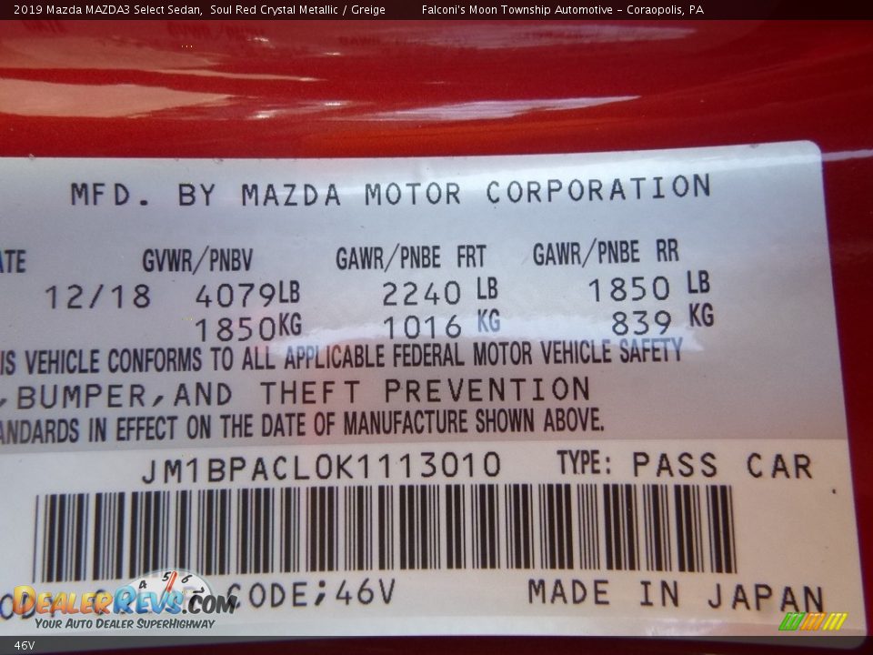 Mazda Color Code 46V Soul Red Crystal Metallic