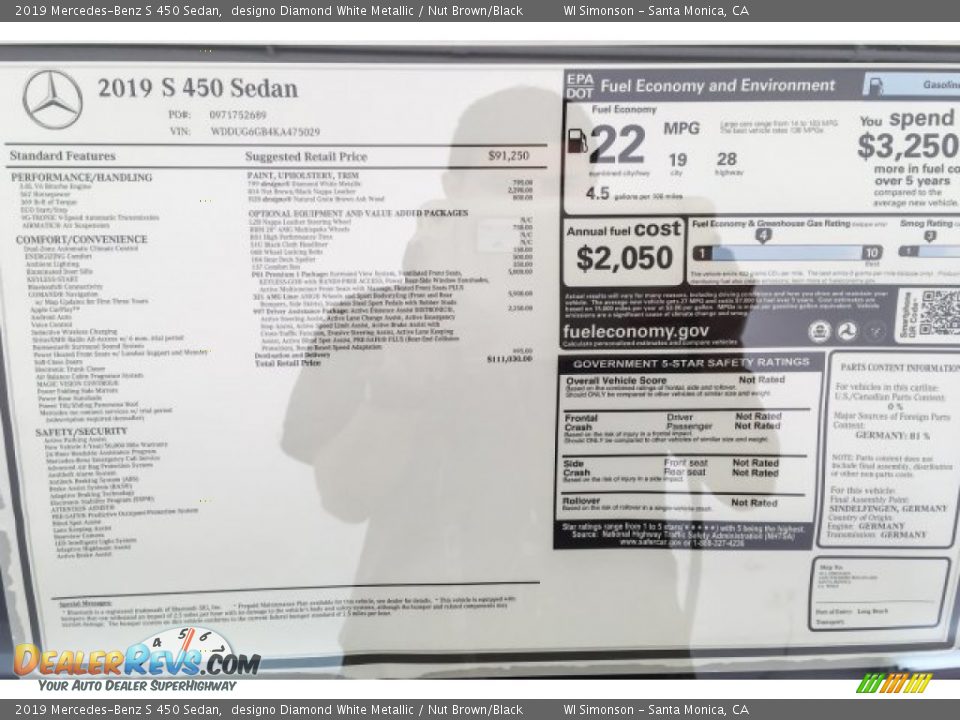 2019 Mercedes-Benz S 450 Sedan designo Diamond White Metallic / Nut Brown/Black Photo #10