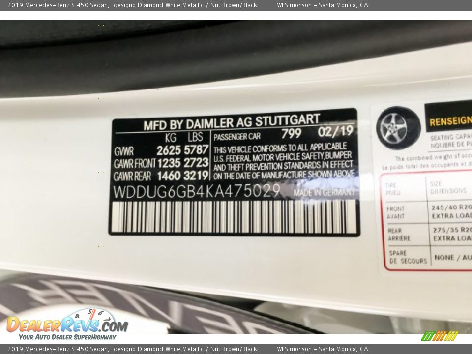 2019 Mercedes-Benz S 450 Sedan designo Diamond White Metallic / Nut Brown/Black Photo #11
