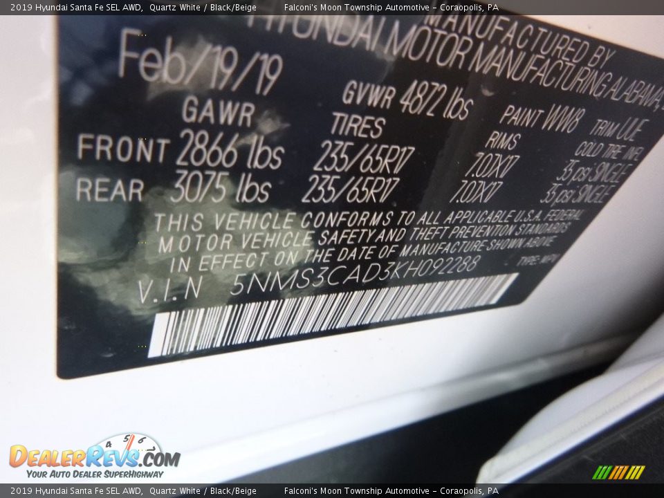 2019 Hyundai Santa Fe SEL AWD Quartz White / Black/Beige Photo #12