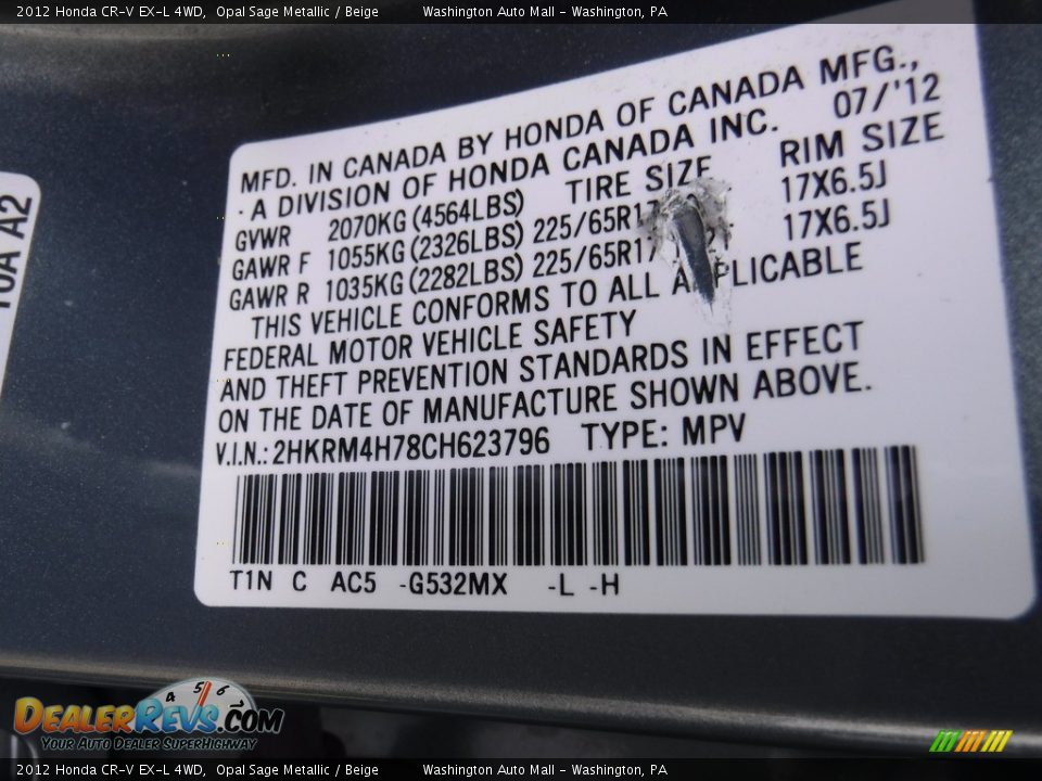 2012 Honda CR-V EX-L 4WD Opal Sage Metallic / Beige Photo #28