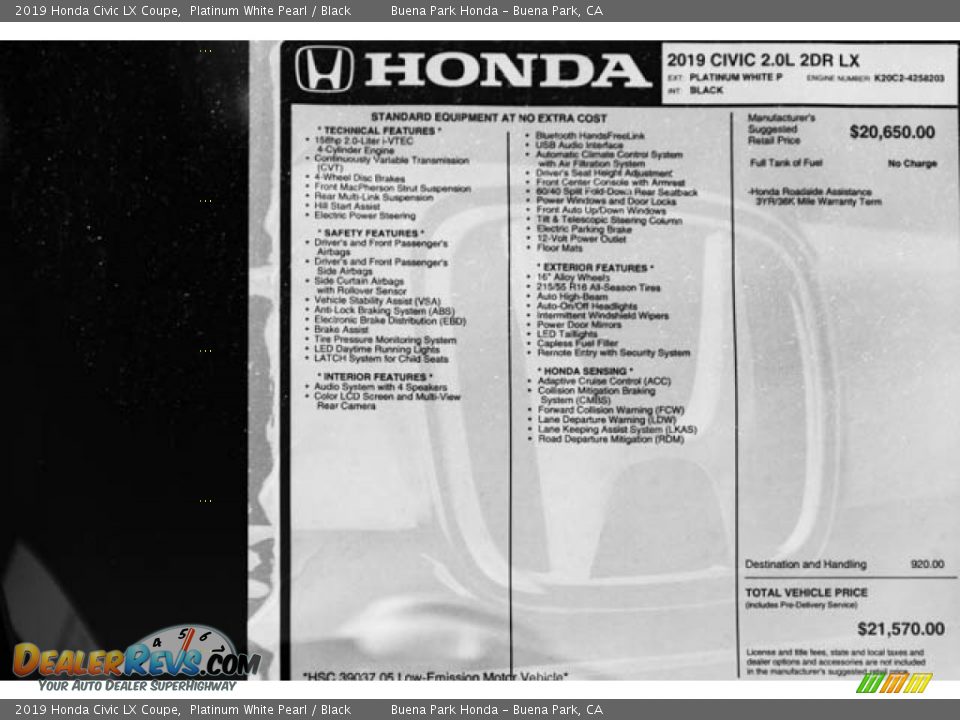 2019 Honda Civic LX Coupe Platinum White Pearl / Black Photo #30