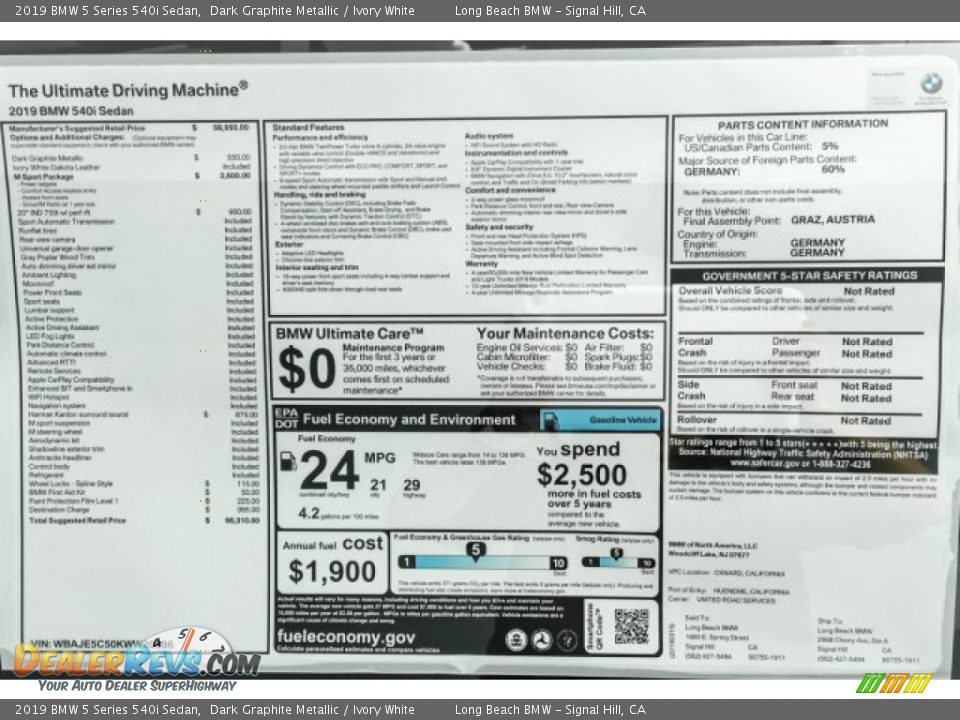 2019 BMW 5 Series 540i Sedan Dark Graphite Metallic / Ivory White Photo #10
