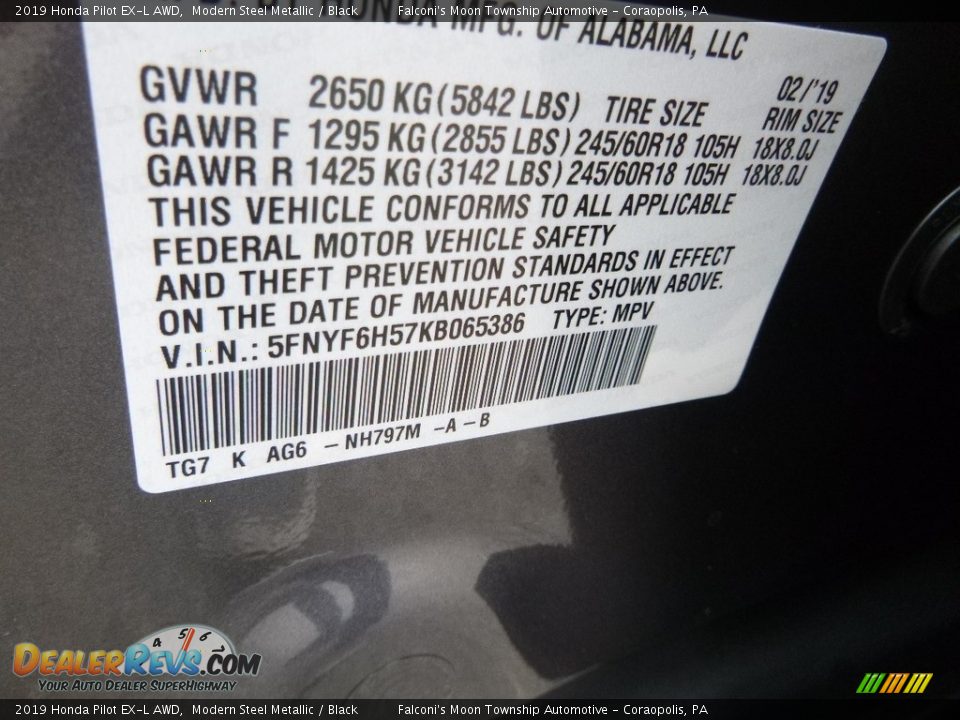 2019 Honda Pilot EX-L AWD Modern Steel Metallic / Black Photo #12