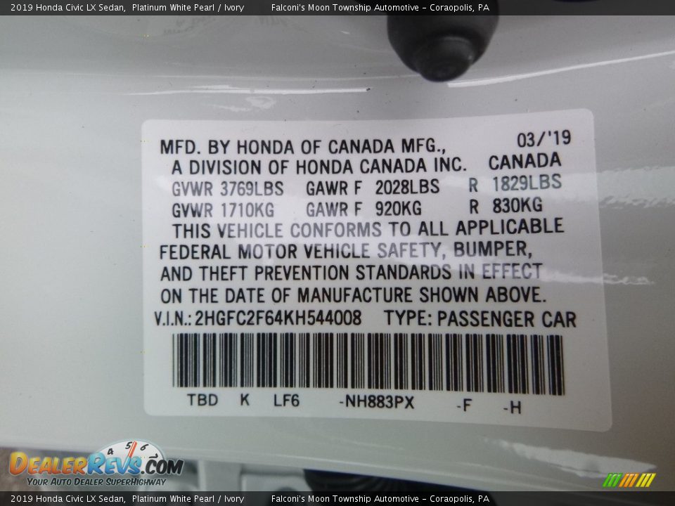 2019 Honda Civic LX Sedan Platinum White Pearl / Ivory Photo #13