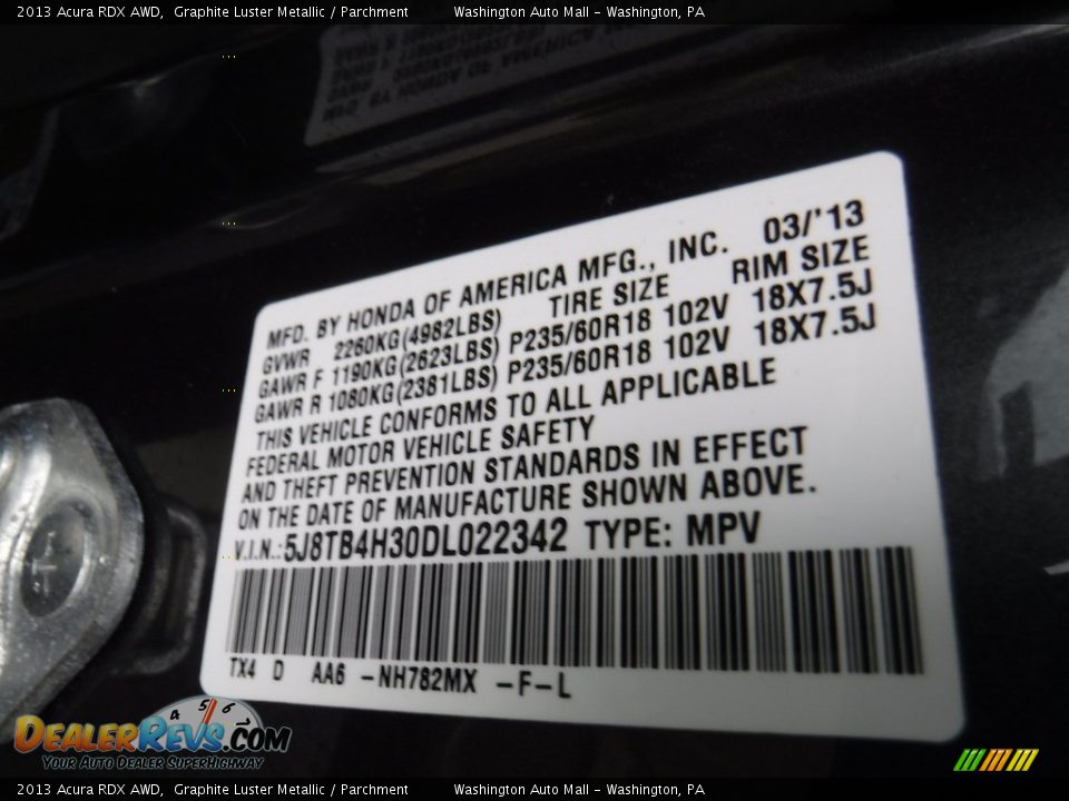 2013 Acura RDX AWD Graphite Luster Metallic / Parchment Photo #27