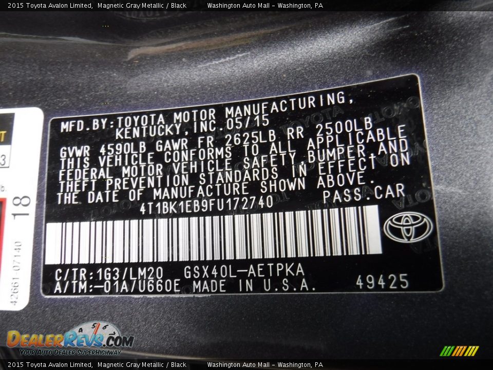 2015 Toyota Avalon Limited Magnetic Gray Metallic / Black Photo #27