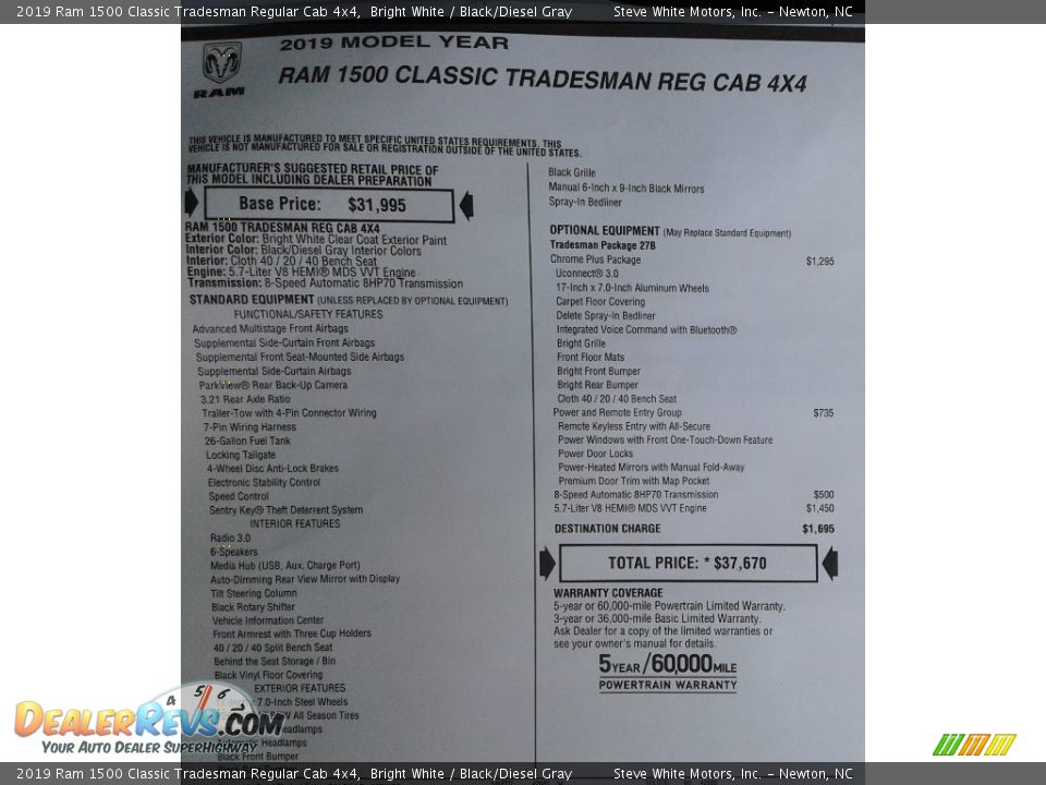 2019 Ram 1500 Classic Tradesman Regular Cab 4x4 Bright White / Black/Diesel Gray Photo #28
