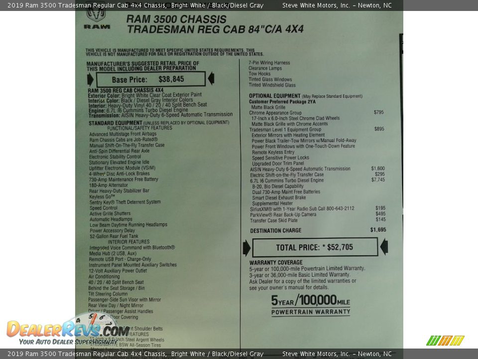 2019 Ram 3500 Tradesman Regular Cab 4x4 Chassis Window Sticker Photo #28