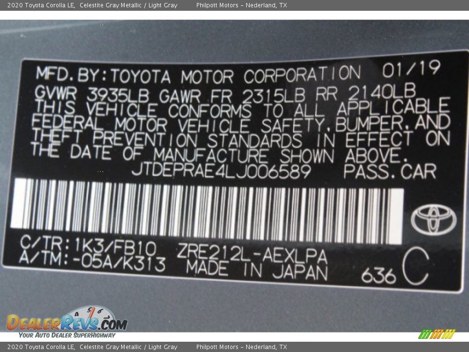2020 Toyota Corolla LE Celestite Gray Metallic / Light Gray Photo #22