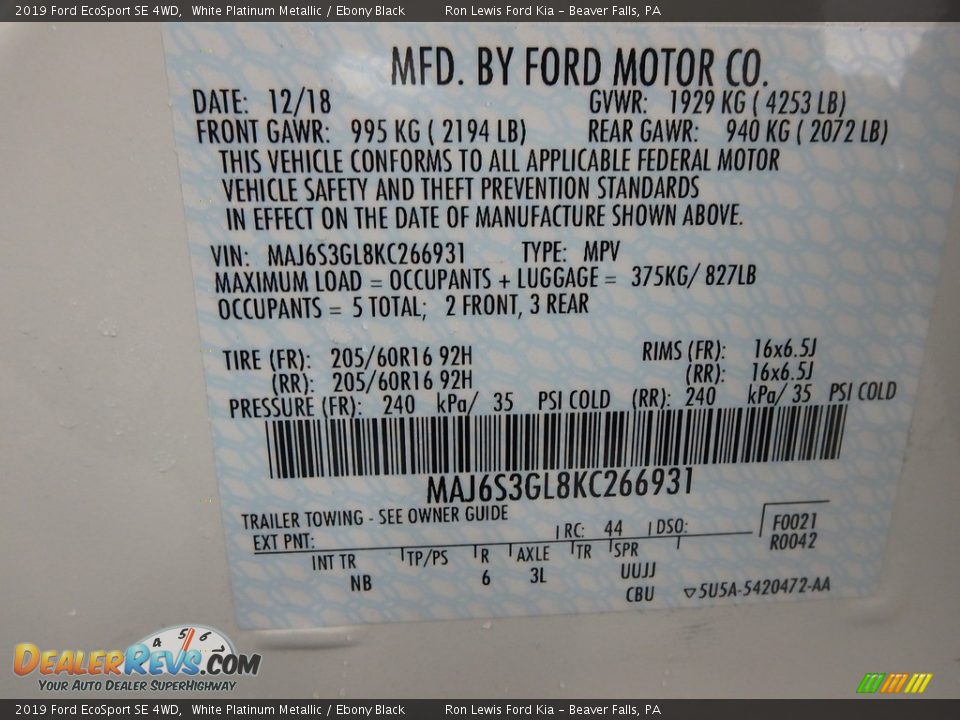 2019 Ford EcoSport SE 4WD White Platinum Metallic / Ebony Black Photo #16