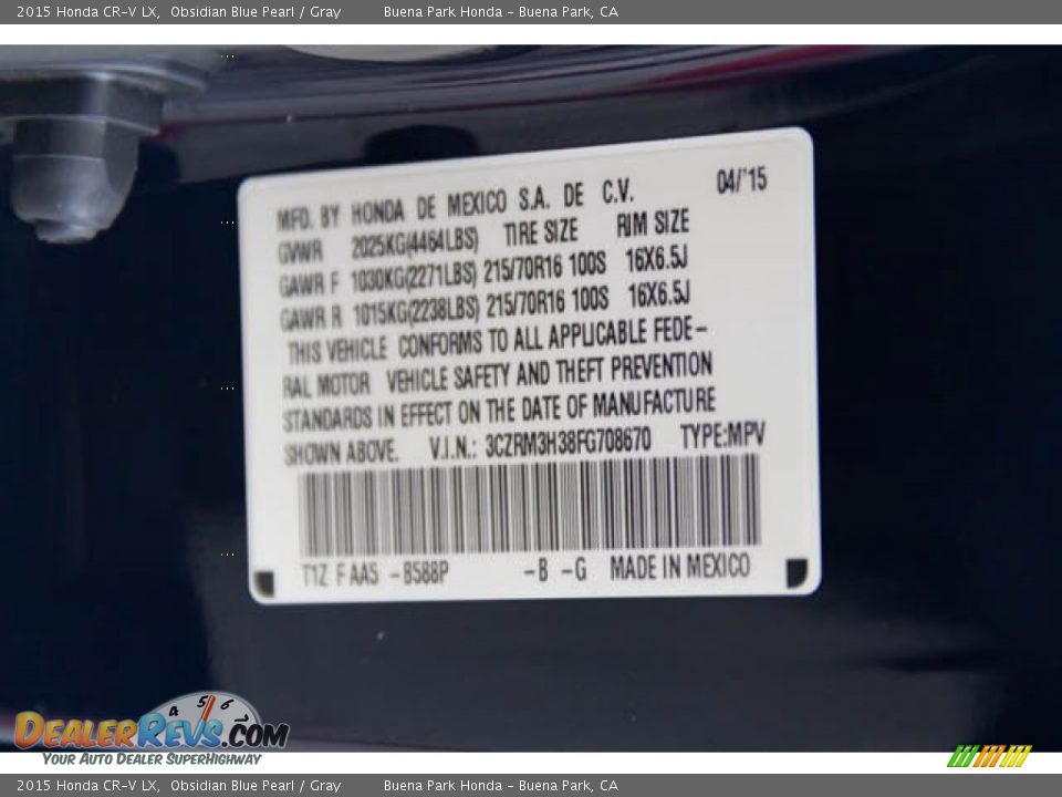 2015 Honda CR-V LX Obsidian Blue Pearl / Gray Photo #35