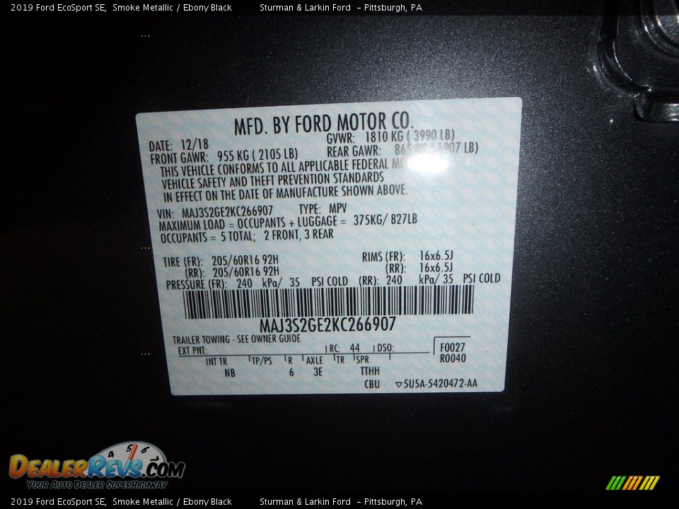 2019 Ford EcoSport SE Smoke Metallic / Ebony Black Photo #11