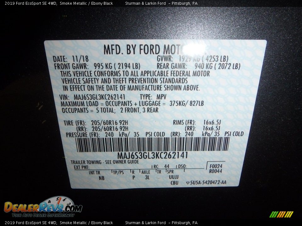 2019 Ford EcoSport SE 4WD Smoke Metallic / Ebony Black Photo #11