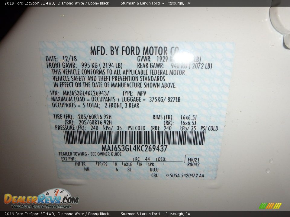 2019 Ford EcoSport SE 4WD Diamond White / Ebony Black Photo #11