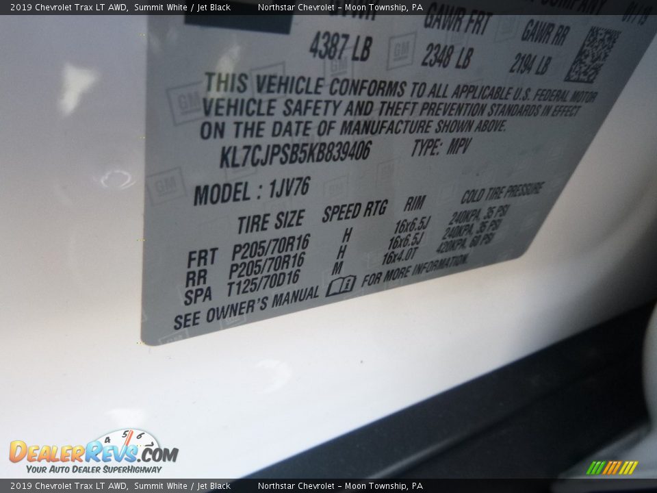 2019 Chevrolet Trax LT AWD Summit White / Jet Black Photo #16