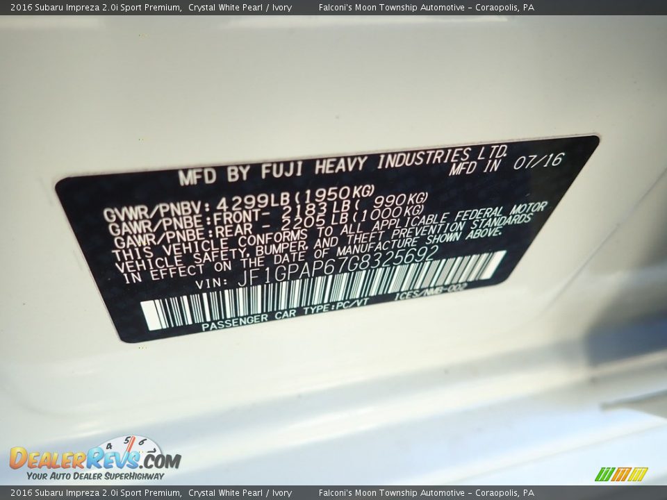 2016 Subaru Impreza 2.0i Sport Premium Crystal White Pearl / Ivory Photo #23