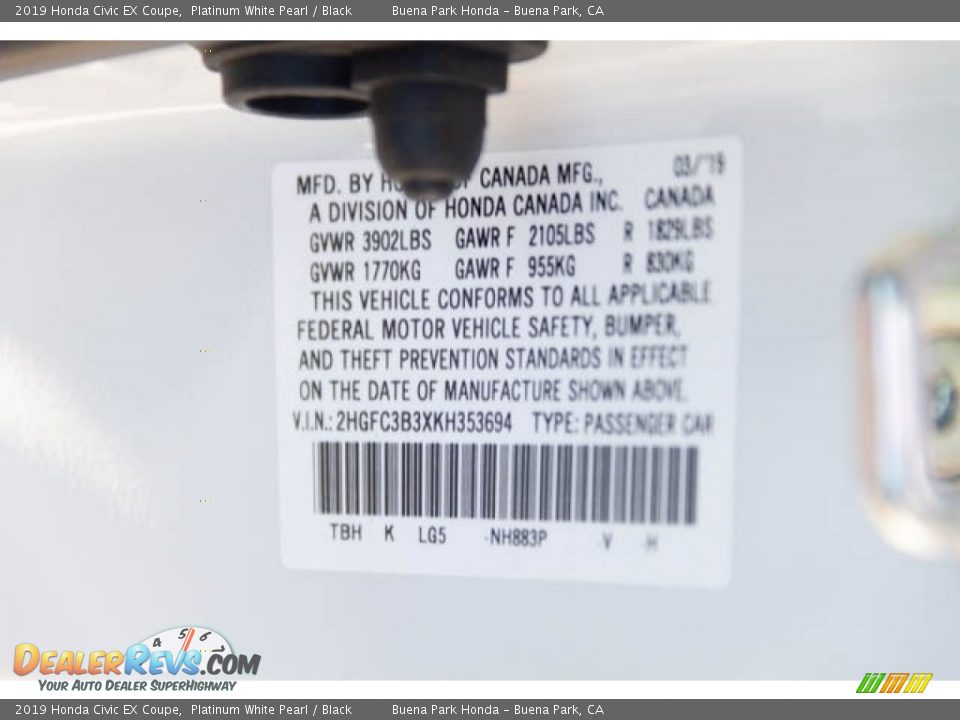 2019 Honda Civic EX Coupe Platinum White Pearl / Black Photo #36
