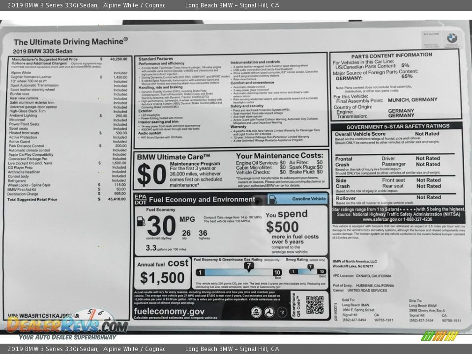 2019 BMW 3 Series 330i Sedan Alpine White / Cognac Photo #10