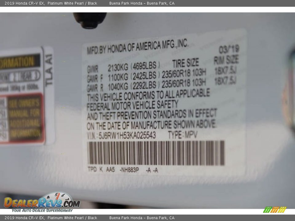 2019 Honda CR-V EX Platinum White Pearl / Black Photo #36