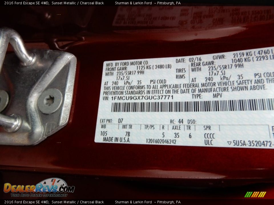 2016 Ford Escape SE 4WD Sunset Metallic / Charcoal Black Photo #19