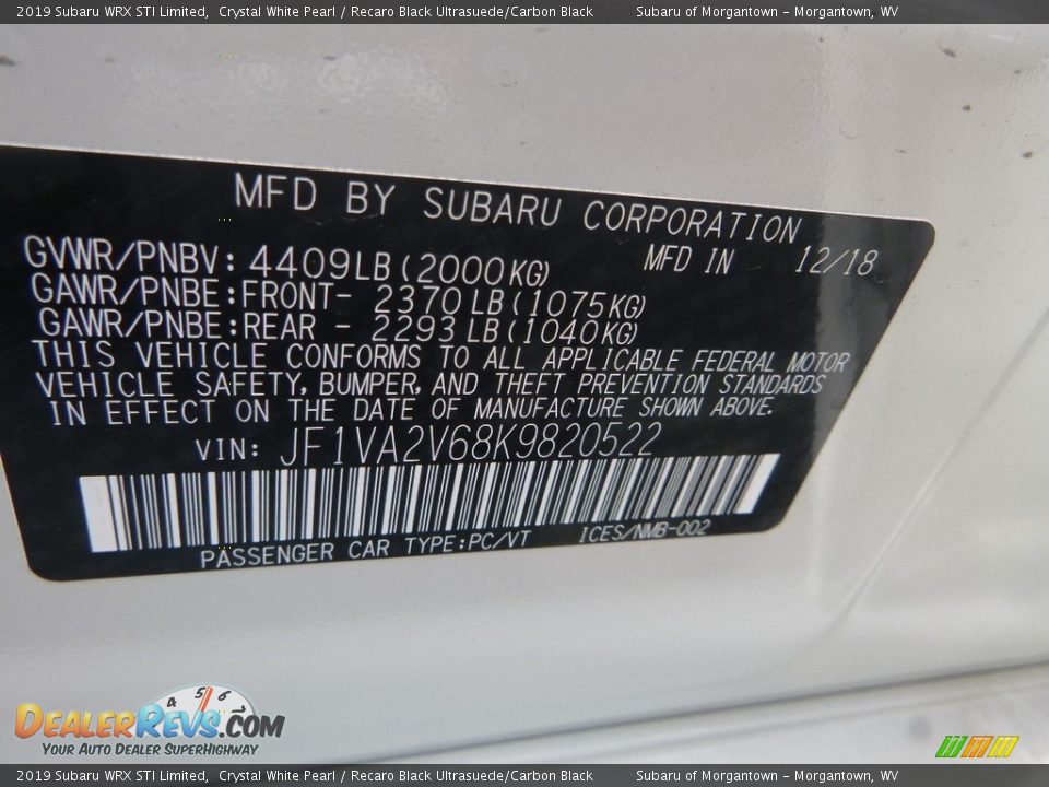 2019 Subaru WRX STI Limited Crystal White Pearl / Recaro Black Ultrasuede/Carbon Black Photo #16