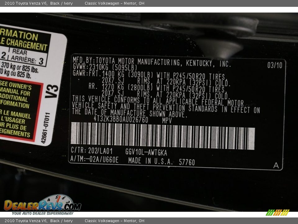 2010 Toyota Venza V6 Black / Ivory Photo #22