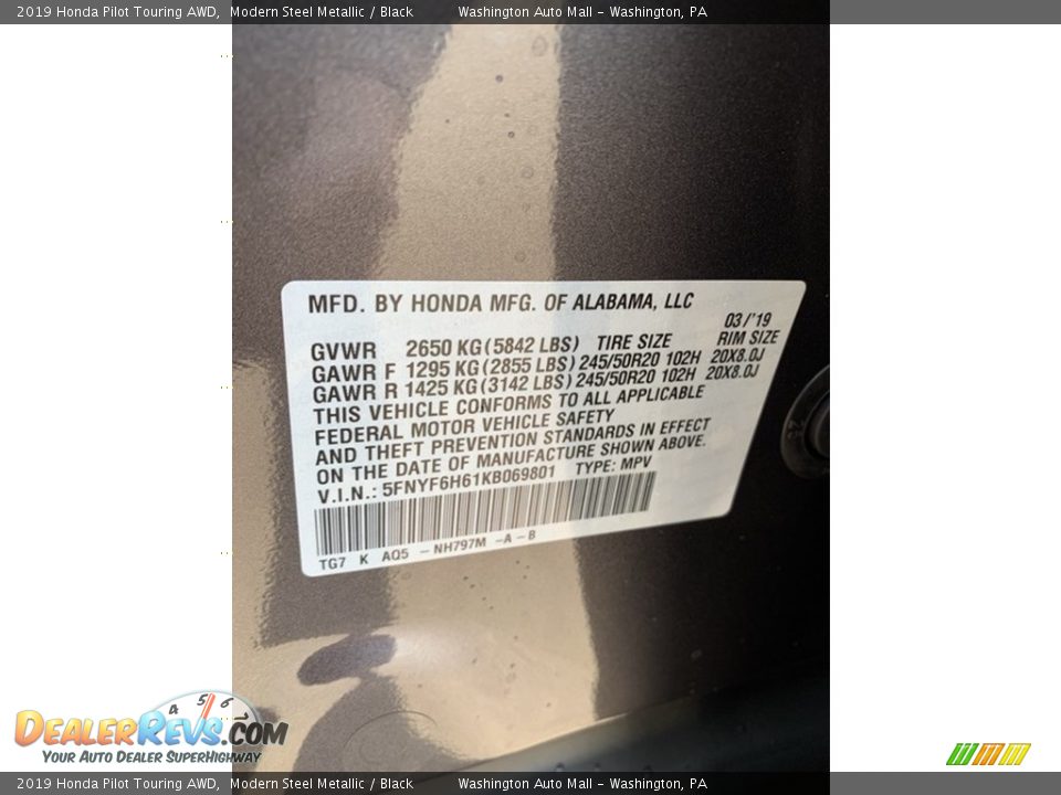 2019 Honda Pilot Touring AWD Modern Steel Metallic / Black Photo #14