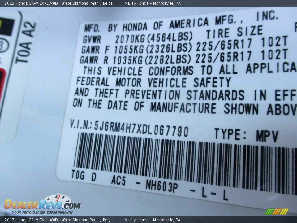 2013 Honda CR-V EX-L AWD White Diamond Pearl / Beige Photo #19