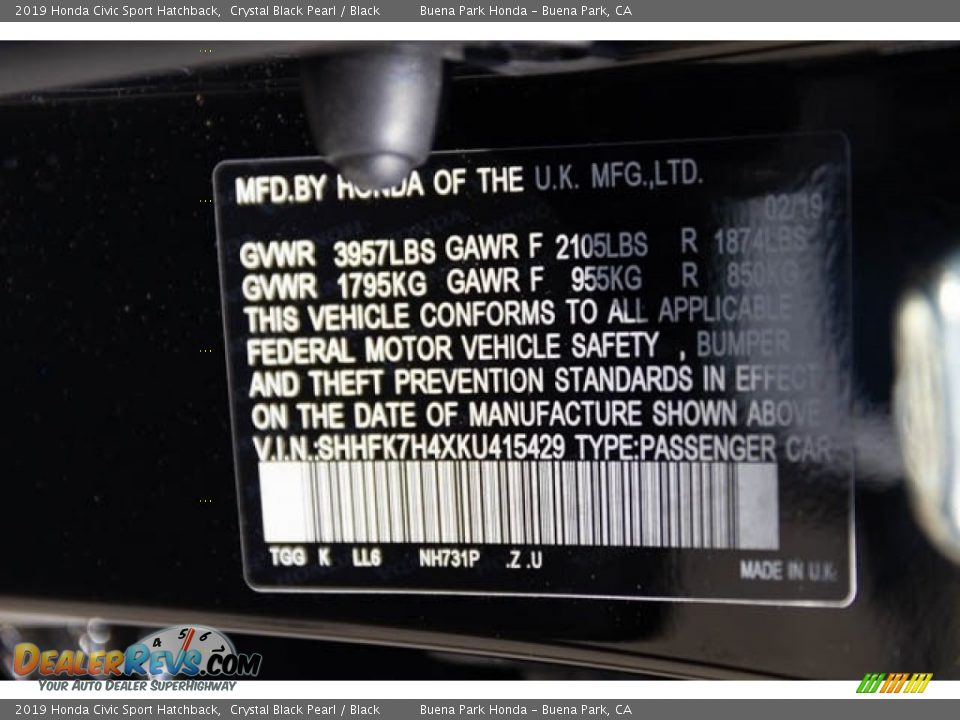 2019 Honda Civic Sport Hatchback Crystal Black Pearl / Black Photo #28