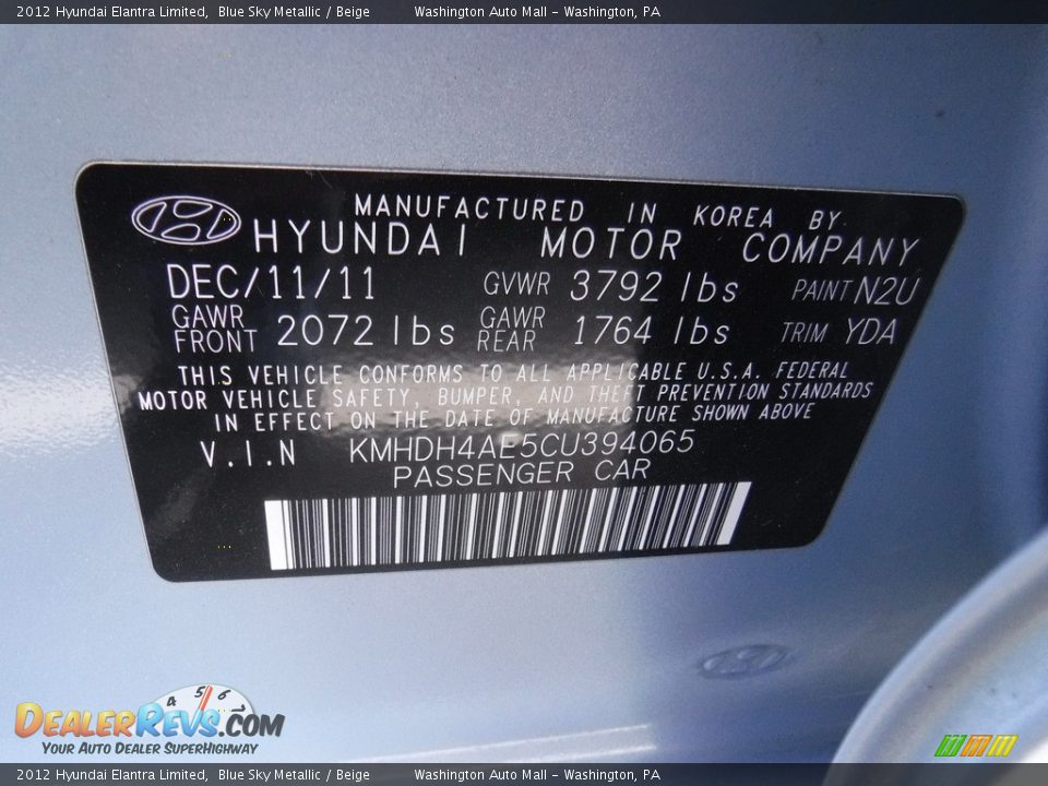2012 Hyundai Elantra Limited Blue Sky Metallic / Beige Photo #24