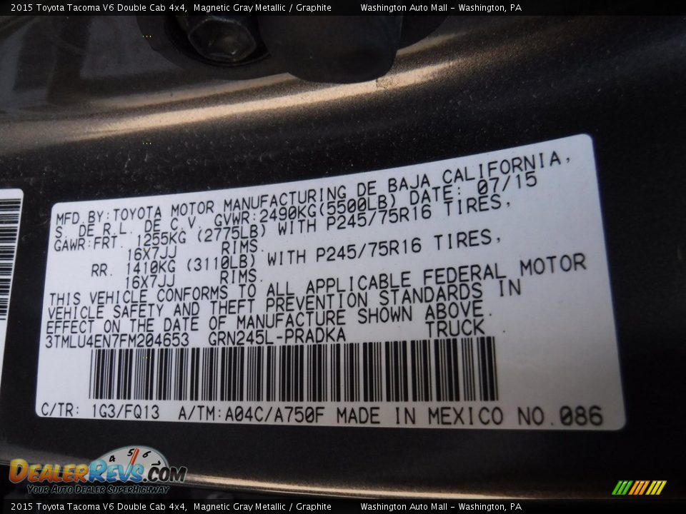 2015 Toyota Tacoma V6 Double Cab 4x4 Magnetic Gray Metallic / Graphite Photo #24