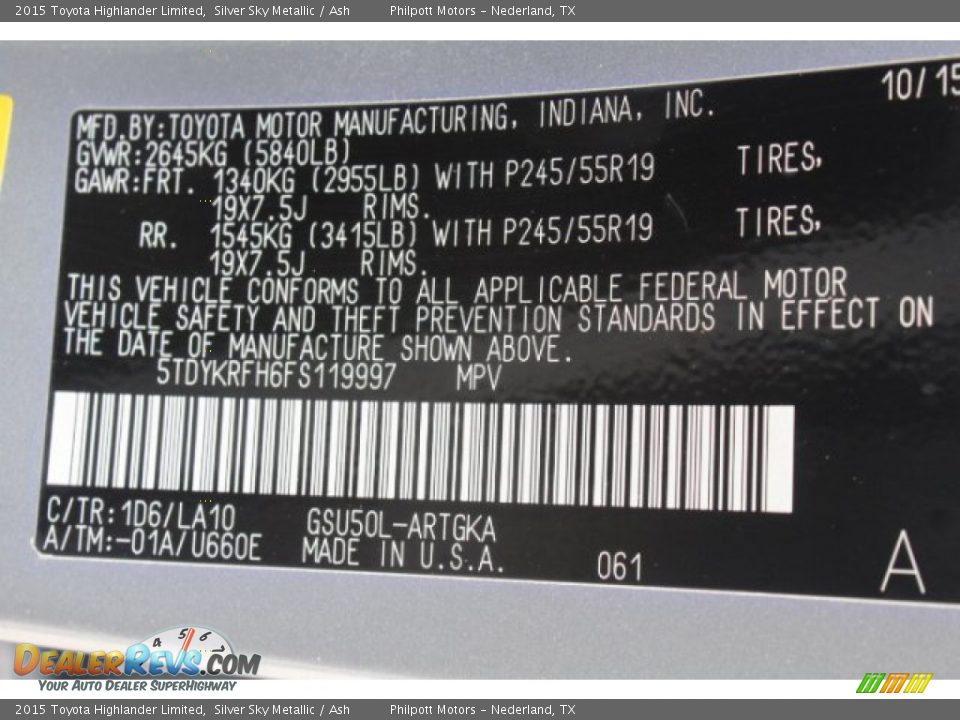 2015 Toyota Highlander Limited Silver Sky Metallic / Ash Photo #27