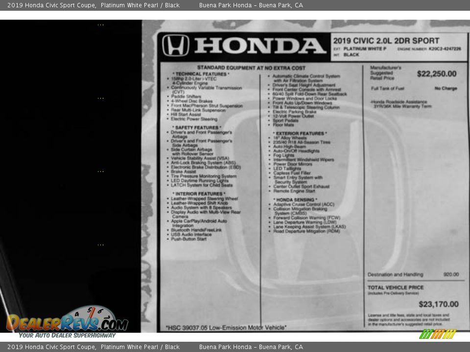 2019 Honda Civic Sport Coupe Platinum White Pearl / Black Photo #33