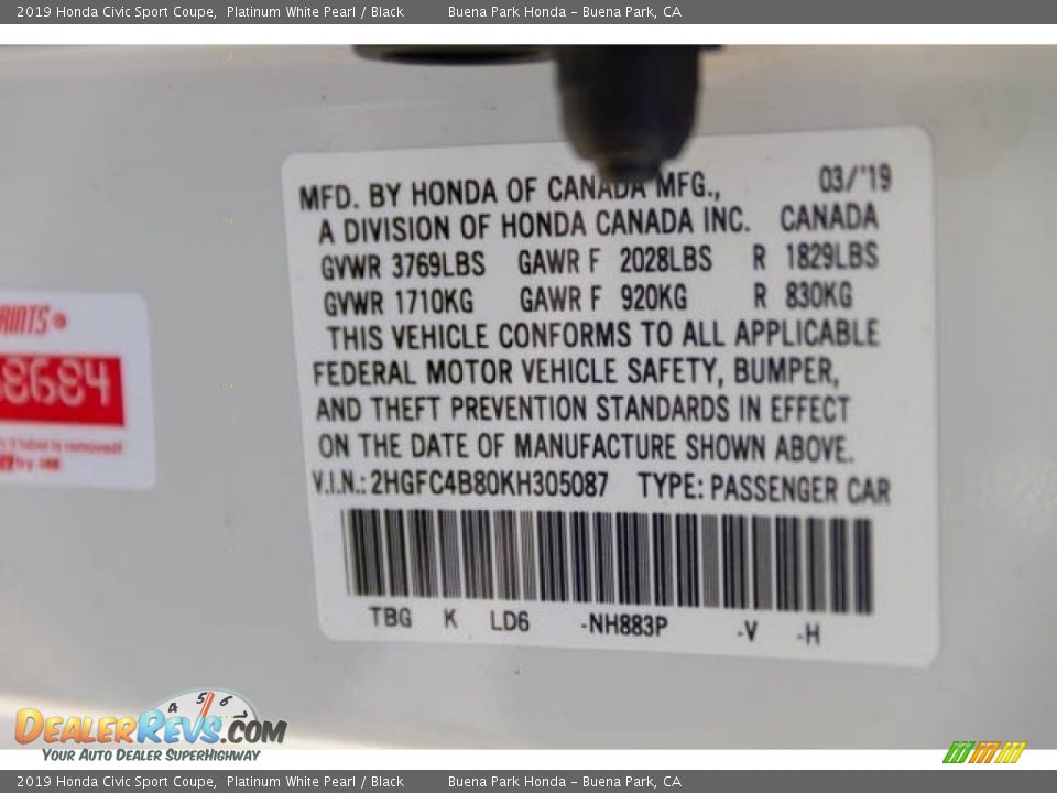 2019 Honda Civic Sport Coupe Platinum White Pearl / Black Photo #35