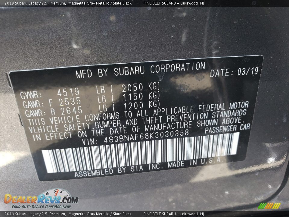 2019 Subaru Legacy 2.5i Premium Magnetite Gray Metallic / Slate Black Photo #10