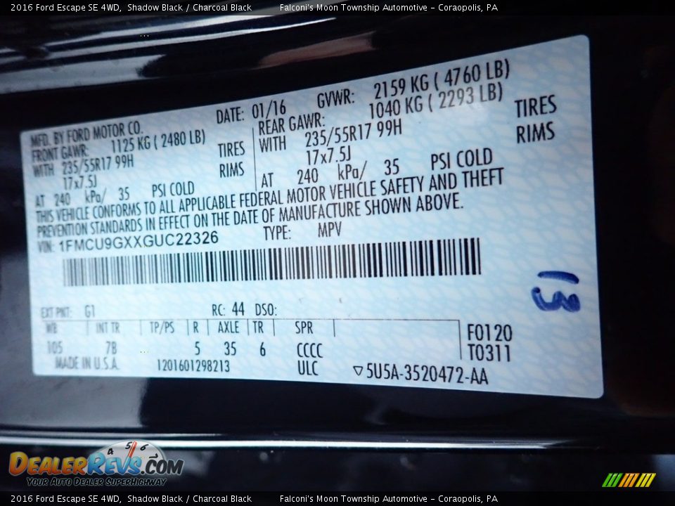 2016 Ford Escape SE 4WD Shadow Black / Charcoal Black Photo #23
