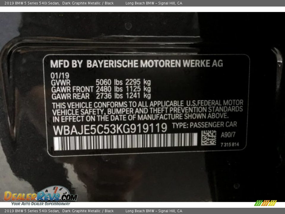 2019 BMW 5 Series 540i Sedan Dark Graphite Metallic / Black Photo #11