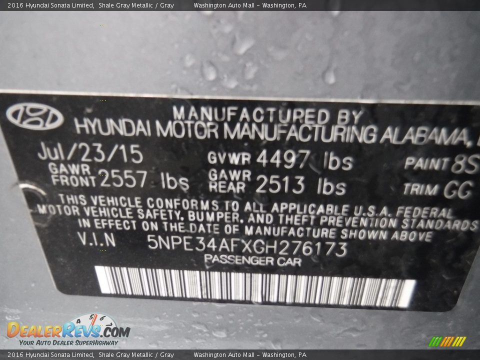 2016 Hyundai Sonata Limited Shale Gray Metallic / Gray Photo #27