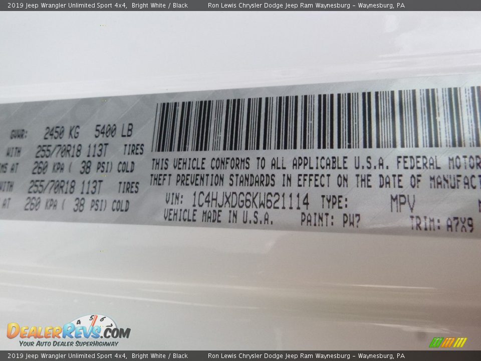 2019 Jeep Wrangler Unlimited Sport 4x4 Bright White / Black Photo #14
