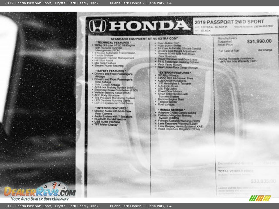 2019 Honda Passport Sport Crystal Black Pearl / Black Photo #36