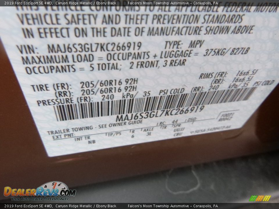 2019 Ford EcoSport SE 4WD Canyon Ridge Metallic / Ebony Black Photo #12